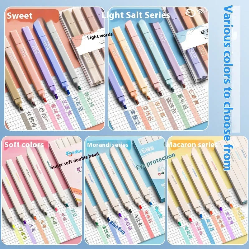 Set of double tipped fluorescent marker pens in assorted colours for highlighting and writing.