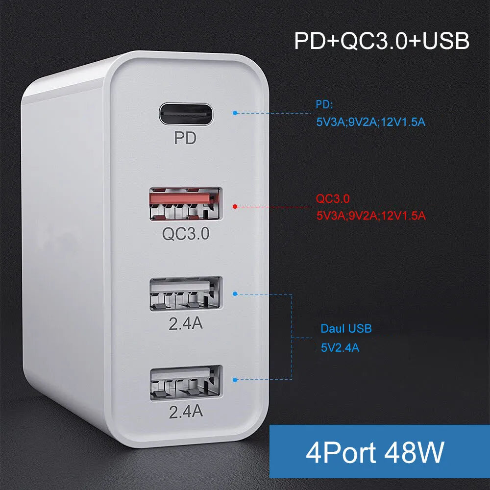 Multi-port fast wall charger with PD and QC support in black or white with international plug adapters