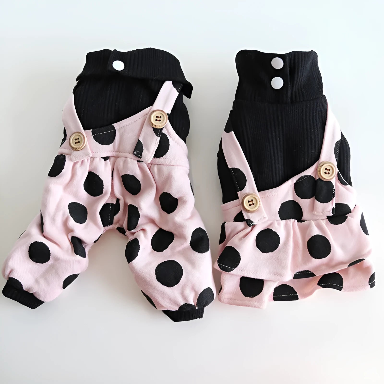 Casual cloth dog clothes showing skirt and four-legged style options in various sizes