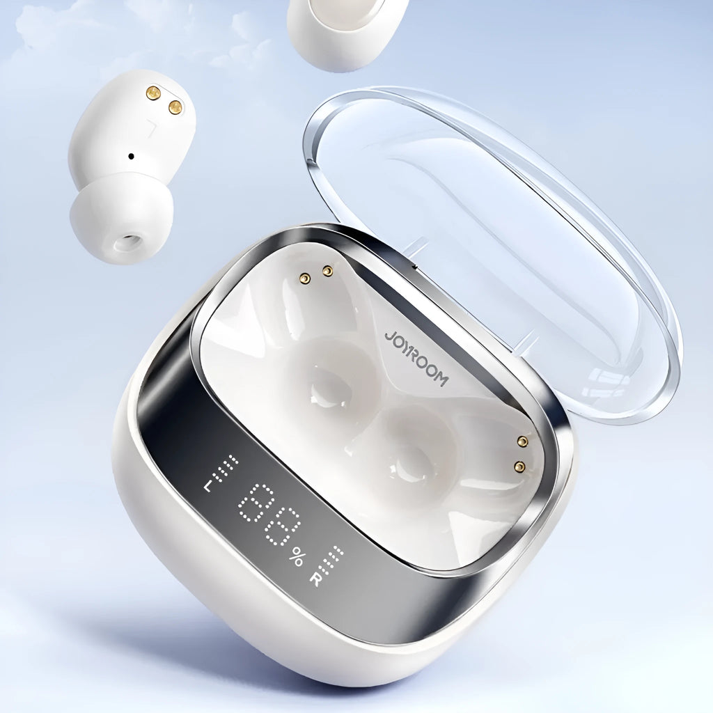 Wireless in-ear noise reduction headphones in beige, black, or purple with a matching charging case.