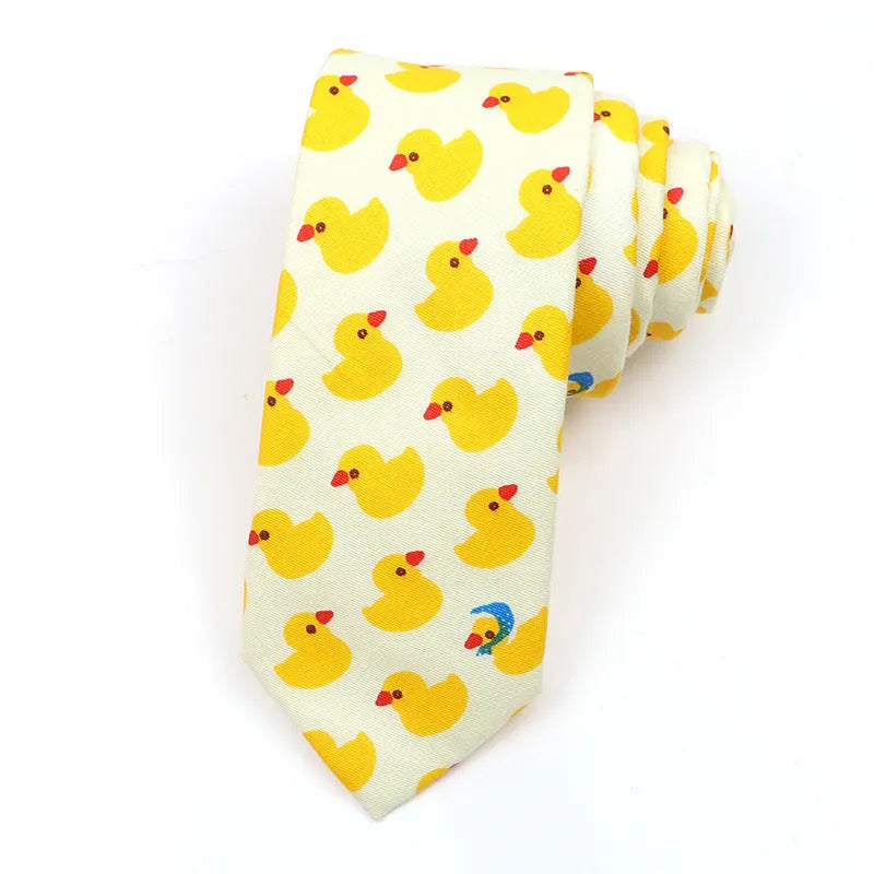 Korean style narrow men's cotton bow tie with a cartoon print pattern on an adjustable neck band.