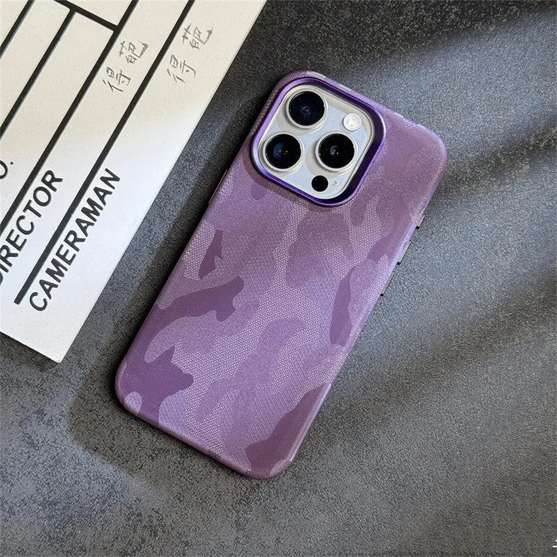 Magnetic camouflage leather phone case for iPhone with shockproof anti-fingerprint fabric finish in dark purple