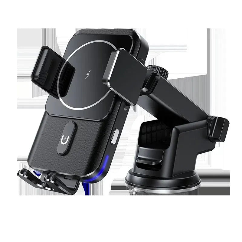 Black car wireless charger phone holder showing clip and suction cup mounting options for 15W Qi charging