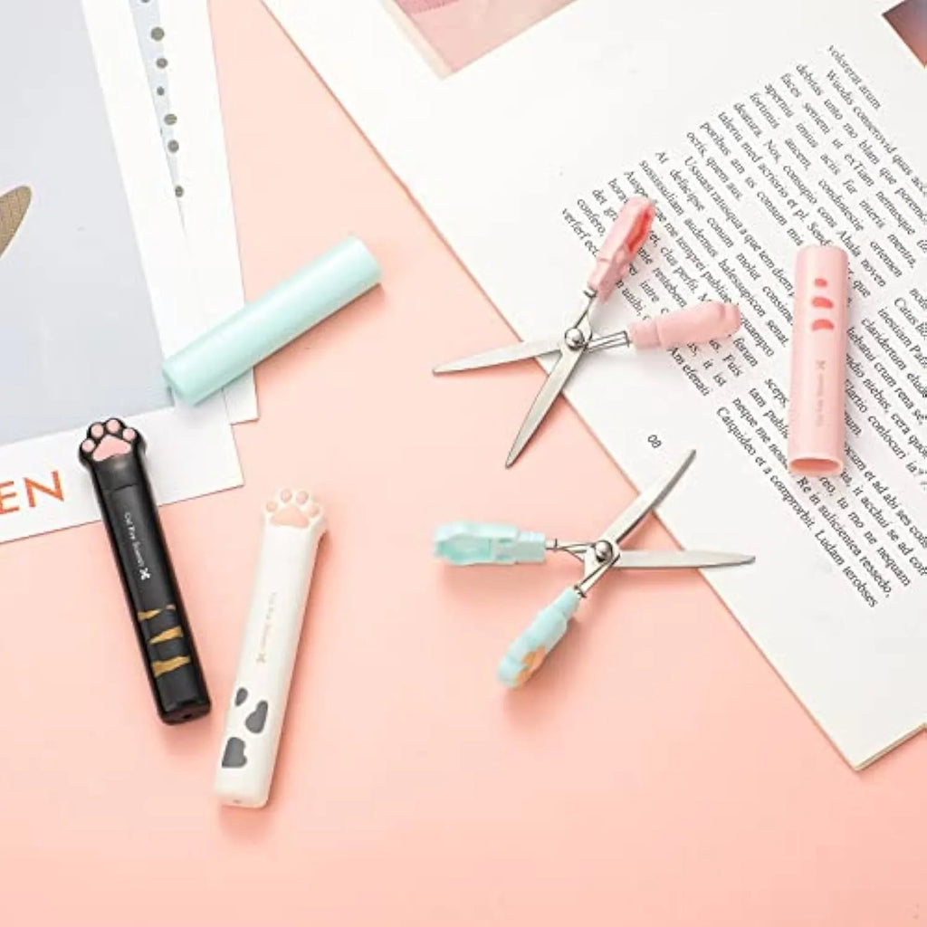 Cat paw mini folding scissors showing stainless steel construction and compact 8.7 cm size