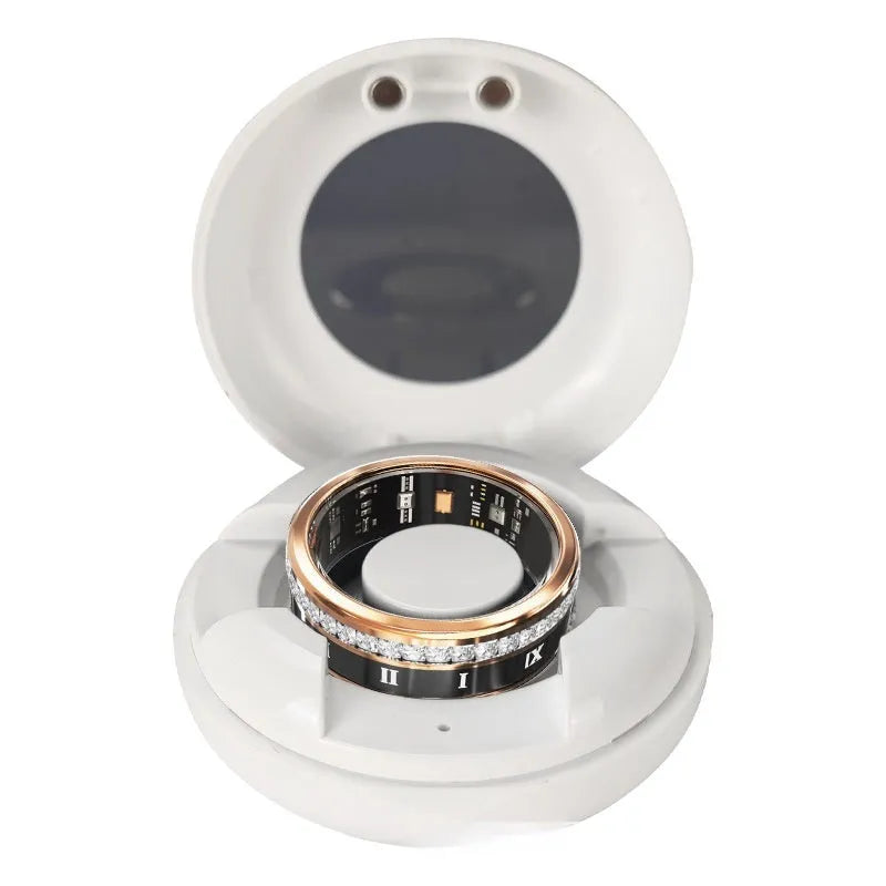 Silver and gold smart rings with diamond inlay displaying blood oxygen monitoring functions