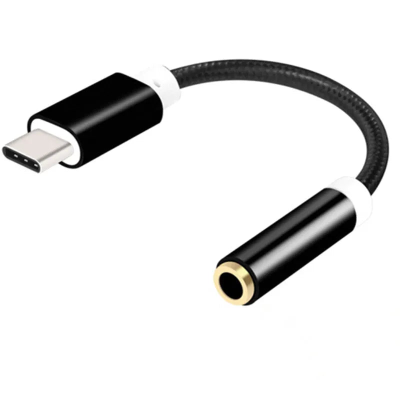 Type-C to 3.5mm headphone adapter cable with nylon braiding in four colour options