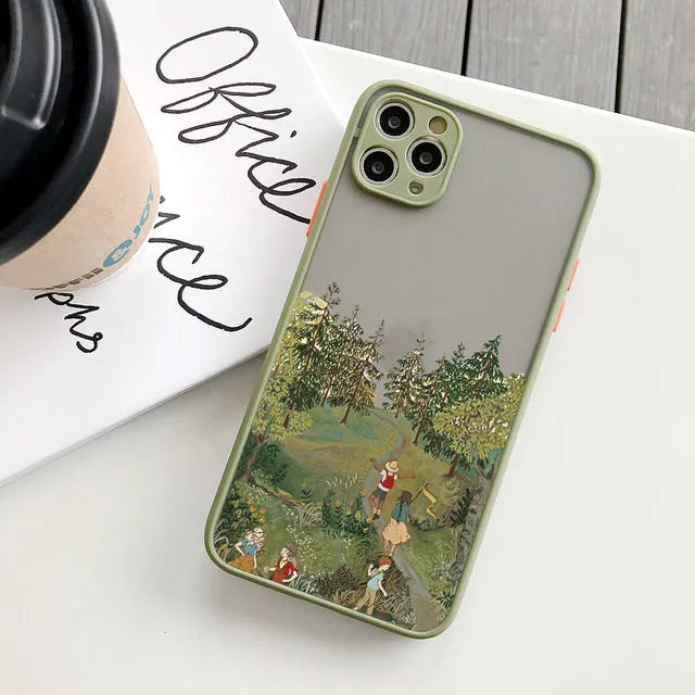 Vintage cartoon scenery girl print phone case for iPhone 13 series, showing retro illustration