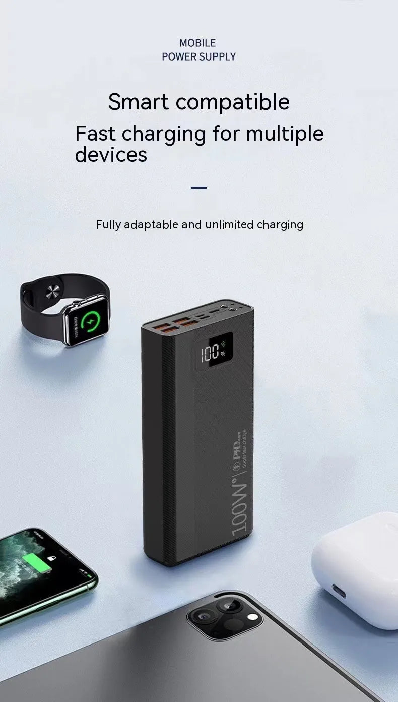 Large capacity power bank in black or white plastic case with fast charging function