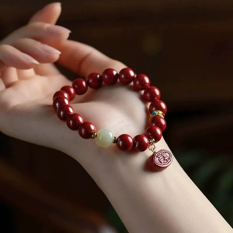 Natural cinnabar Emperor sandstone Ping An Fu Lu bracelet with 8mm or 10mm bead options