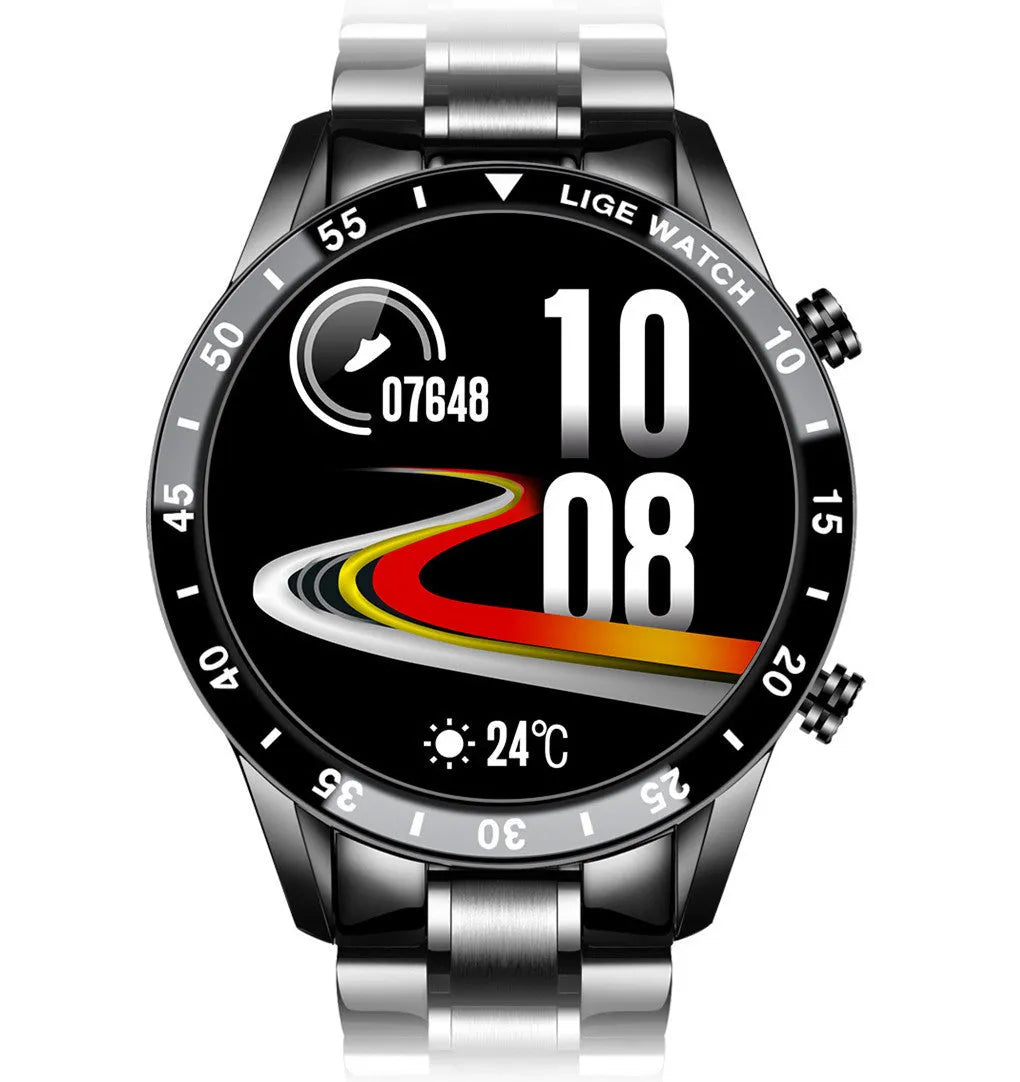 Smart watch with stainless steel wristband and 1.3-inch touch screen display showing time interface