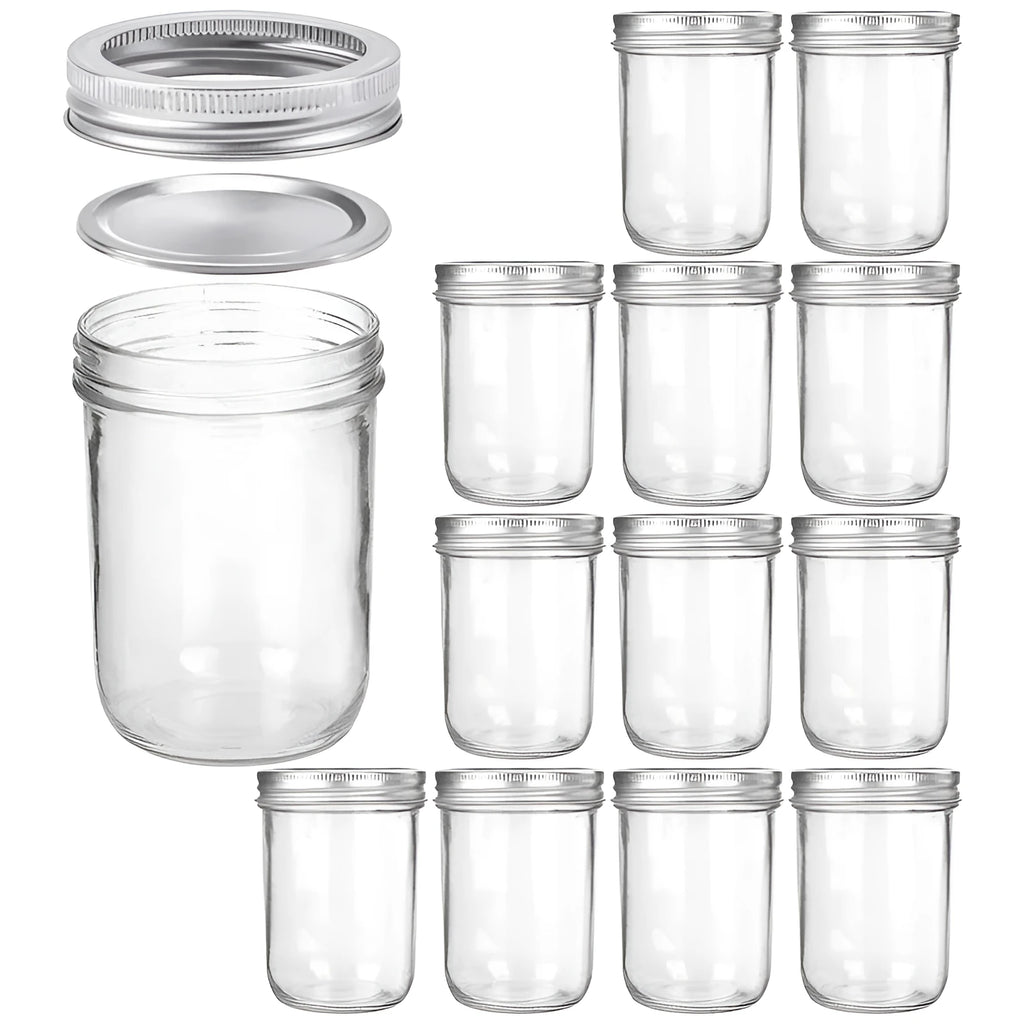 Six 16oz transparent glossy glass wide mouth sealed jars on a table