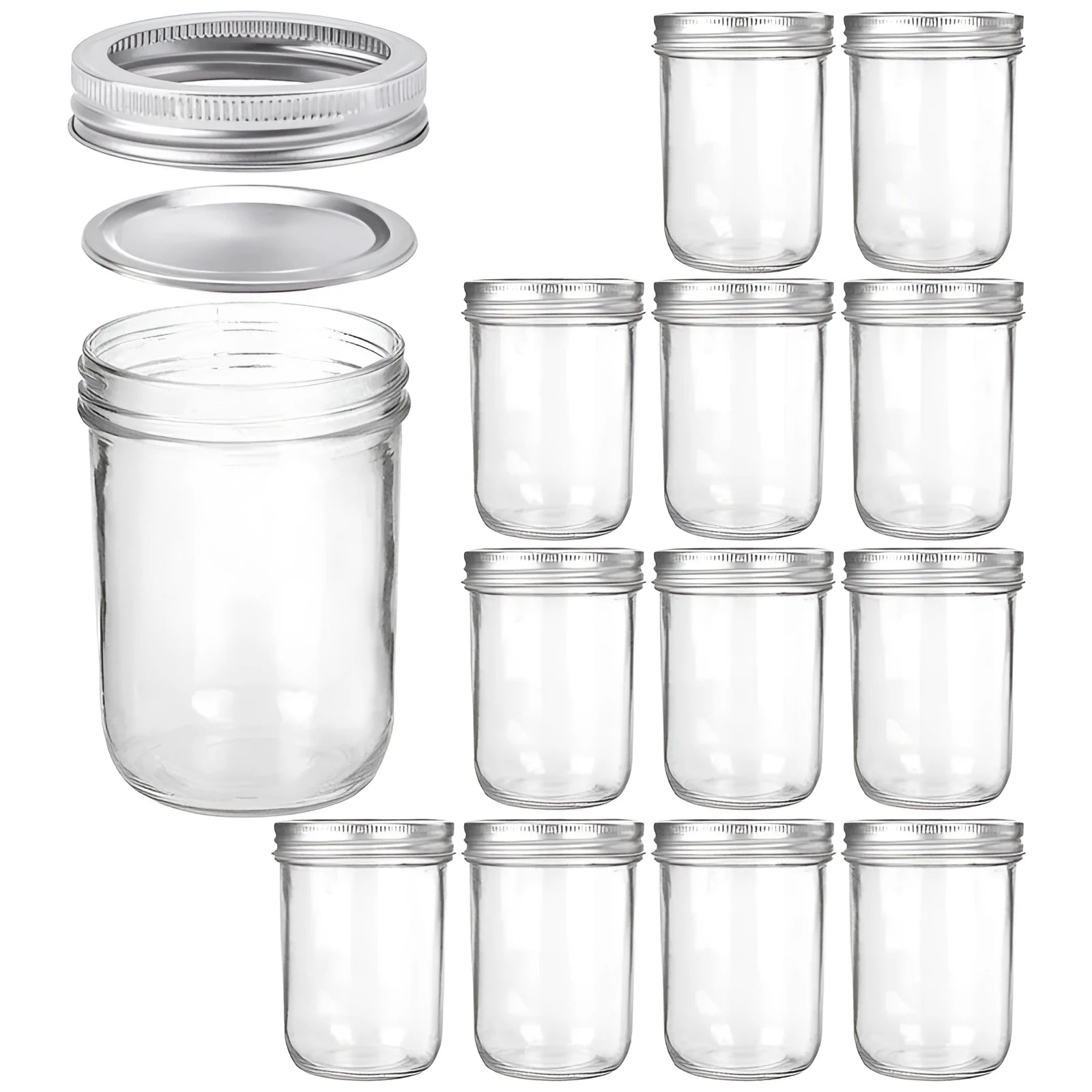 Six 16oz transparent glossy glass wide mouth sealed jars on a table