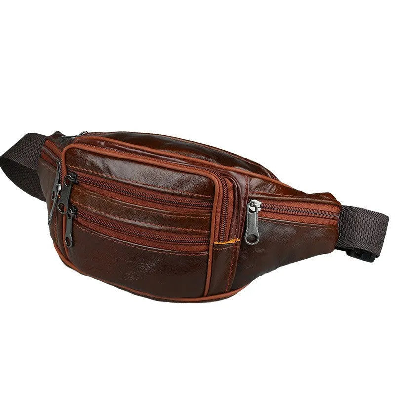 Genuine leather men's outdoor waist bag in black, 22x12x6cm, waterproof solid colour design