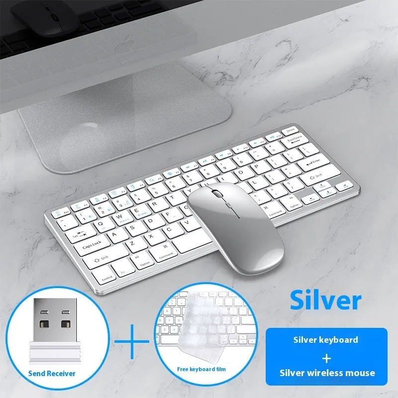 Ultra-thin wireless keyboard and mouse suit in black, grey, or silver with rechargeable Bluetooth connectivity