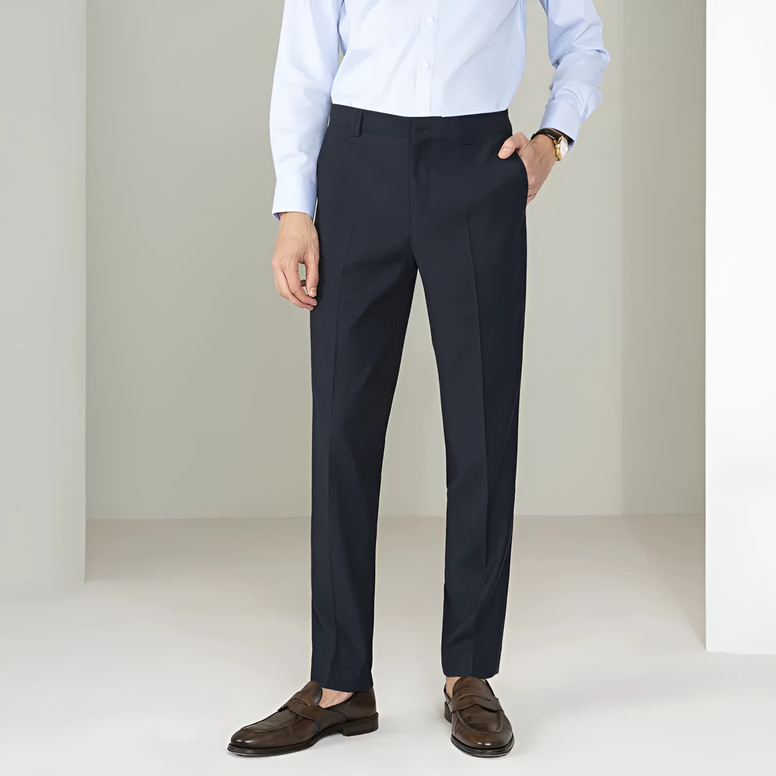 Formal straight-leg trousers in black chemical fibre blend fabric for business wear