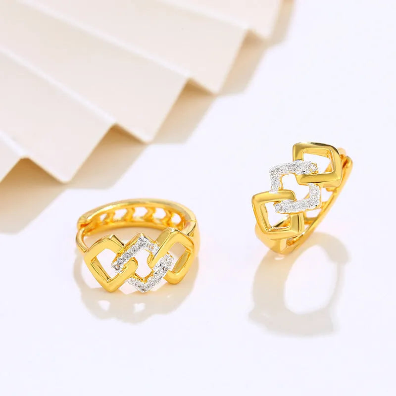 Gold geometric hollow-out clip-on earrings with colour separation electroplated finish