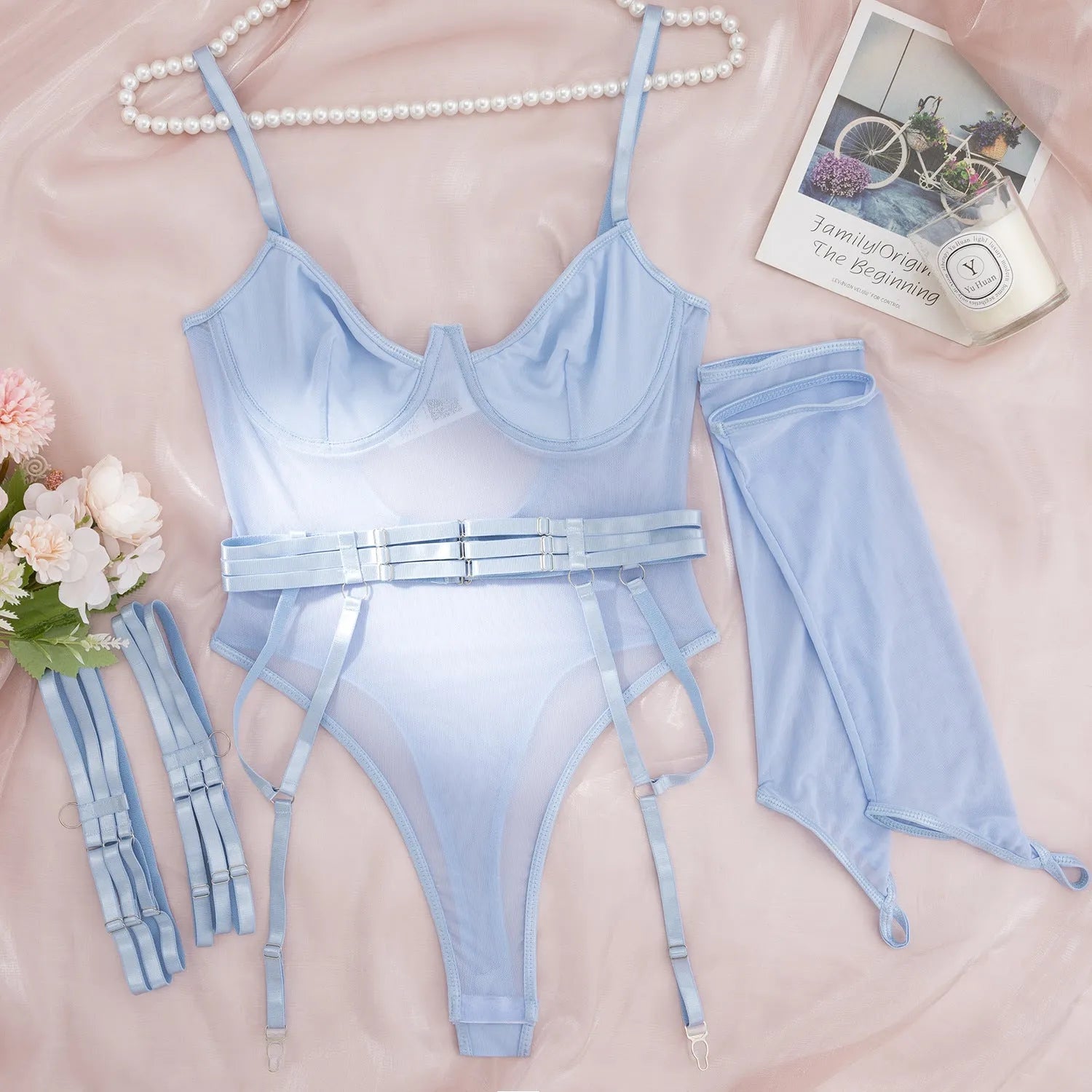 Transparent mesh jumpsuit for women in red colour showing full-body onesie design