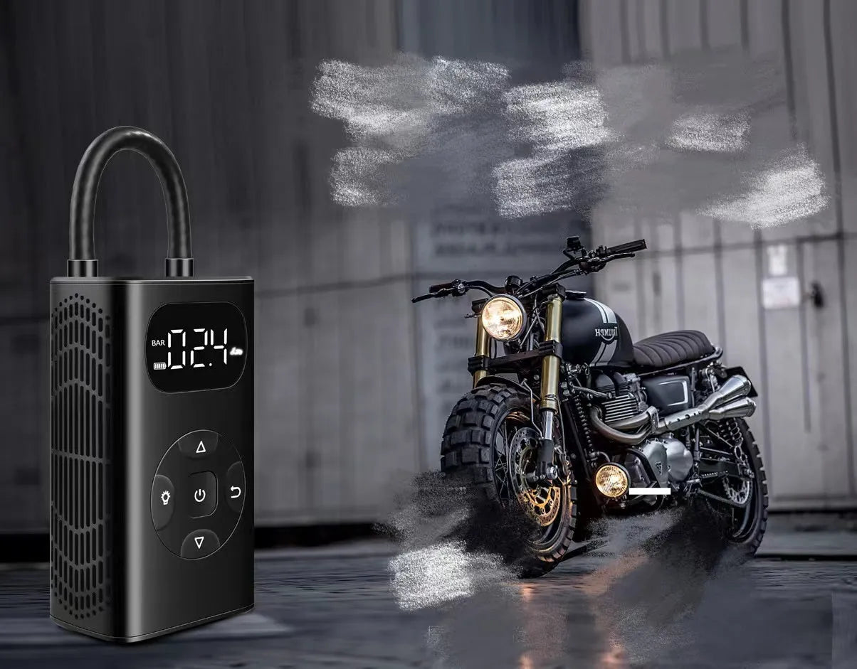 Black M09X power bank tyre inflator with USB cable and 16cm tube for car motorcycle bicycle