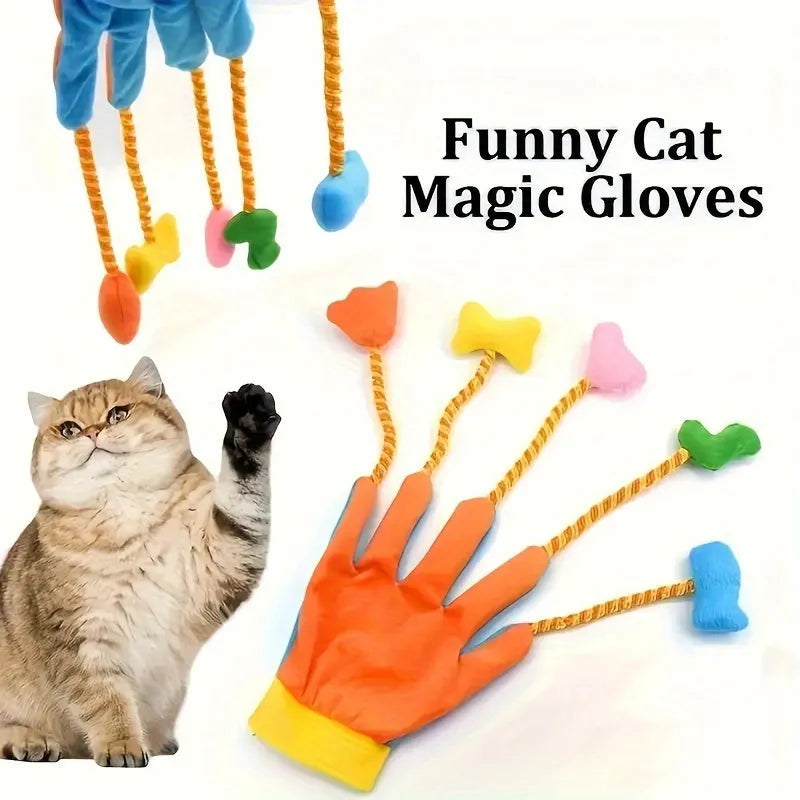 Yellow and blue Magic Glove plush cat toy with integrated bell, measuring 40cm long