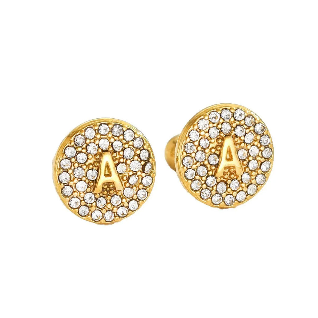Round micro inlaid zircon stainless steel stud earring with real gold plating, English letter A on a unisex college style earring
