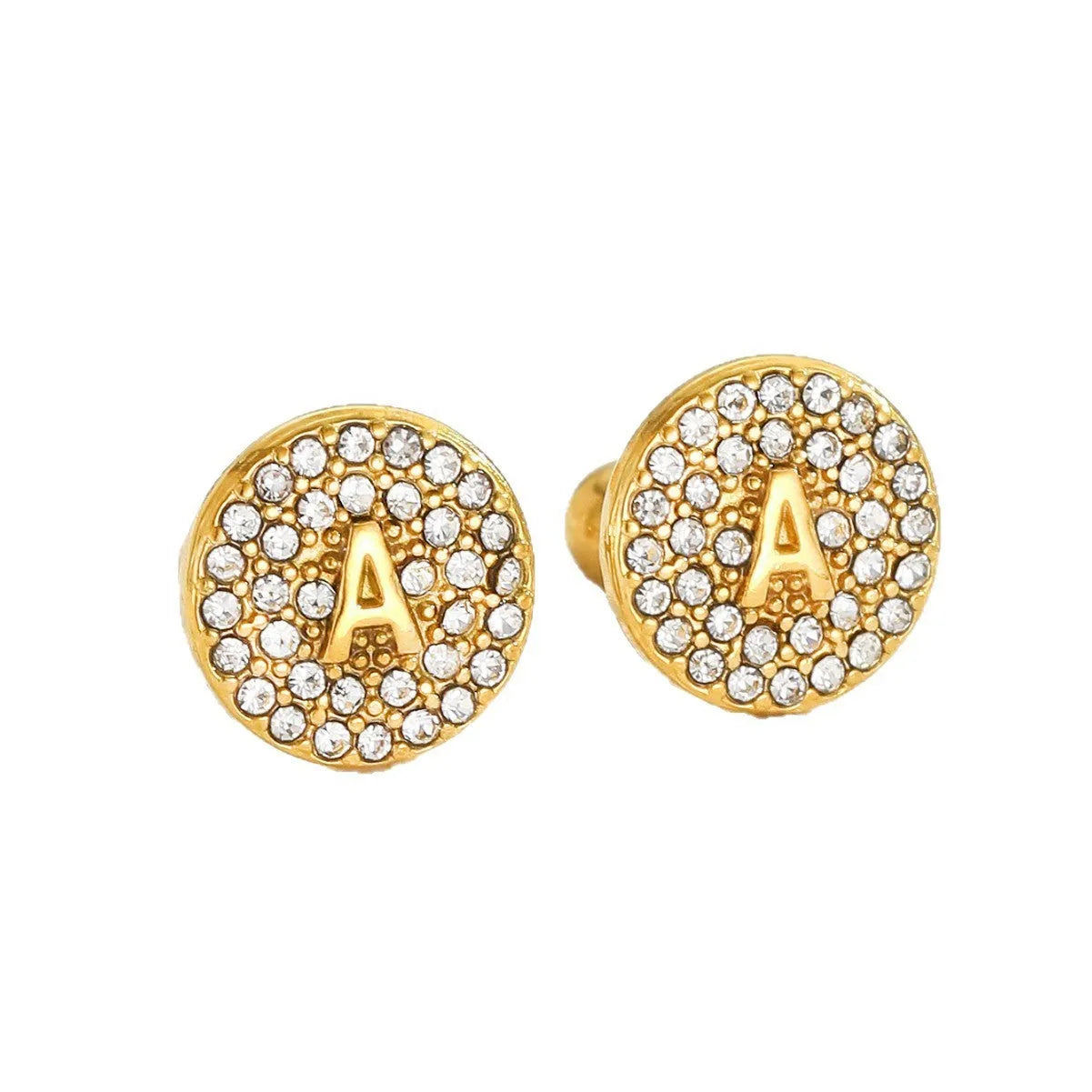 Round micro inlaid zircon stainless steel stud earring with real gold plating, English letter A on a unisex college style earring