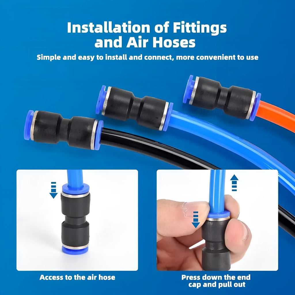 60-piece pneumatic push-in connector kit with R1/4 and R1/2 thread fittings