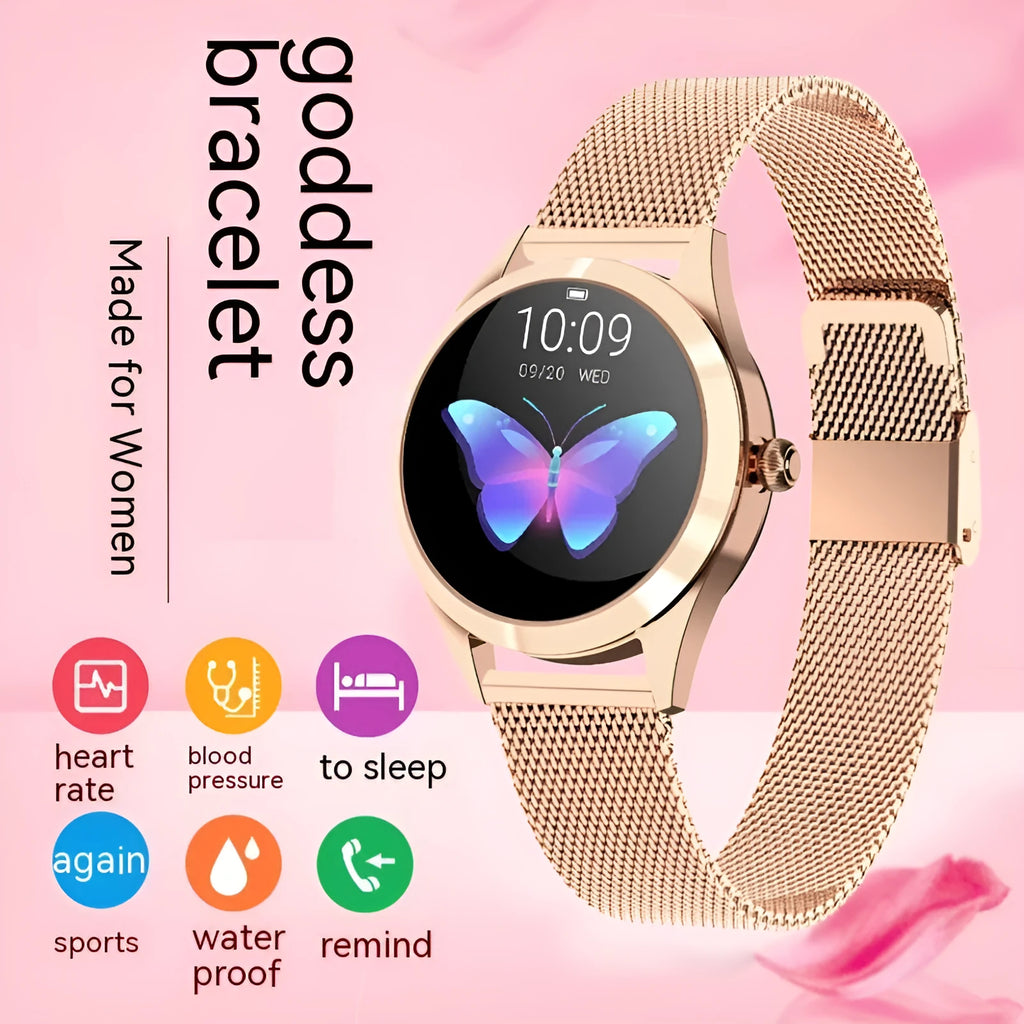 Women's multi-functional sports smartwatch showing heart rate monitoring and waterproof features
