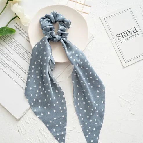 Women's cloth hair tie with large intestine ring design and long spring dark green ribbon decoration