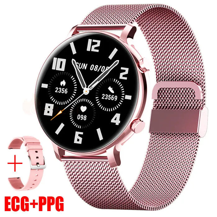 Bluetooth smartwatch with stainless steel strap showing call function and health metrics on screen.