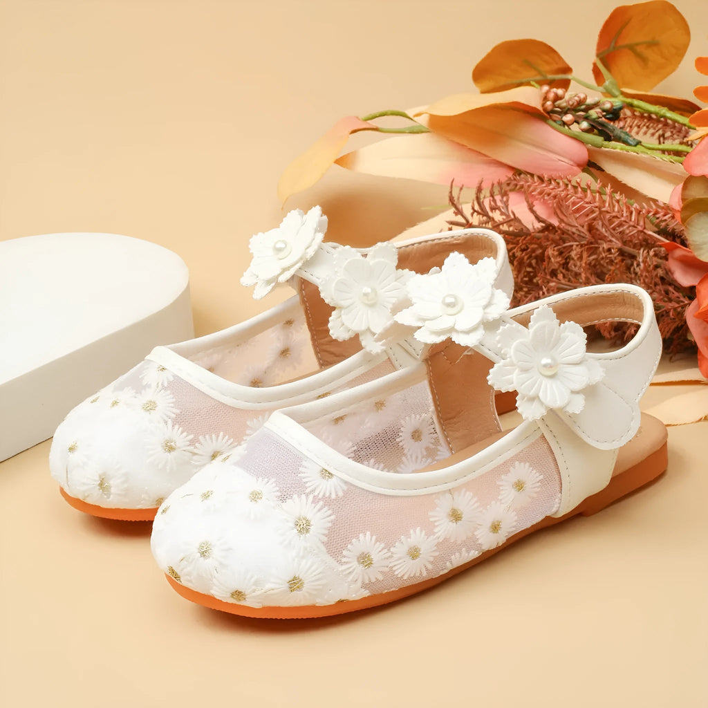Girls white flat bottom PU leather mesh comfort shoes with floral design and Velcro closure, size 20-36