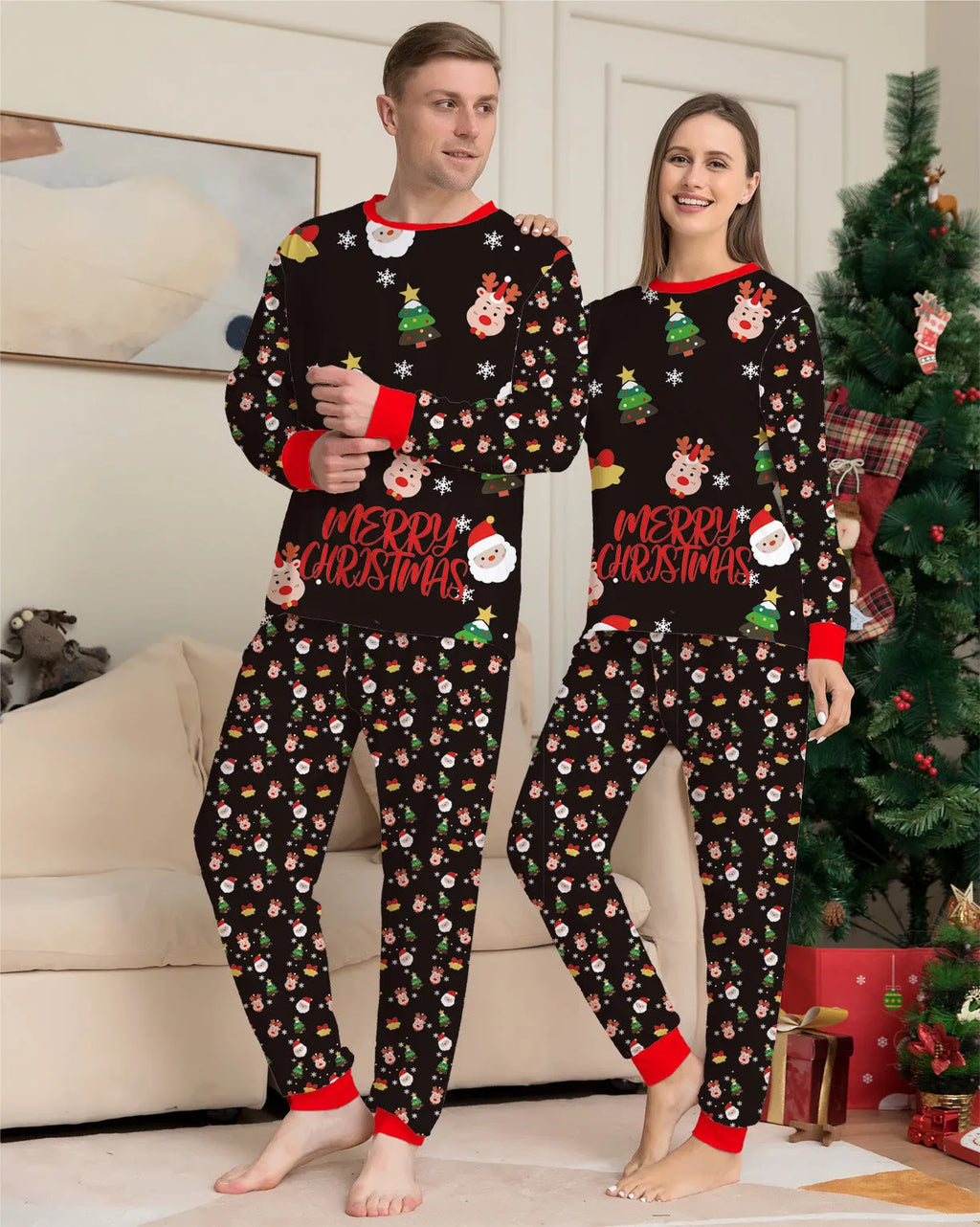 Family wearing matching red plaid Christmas pyjamas set, including adults, children, and a dog.