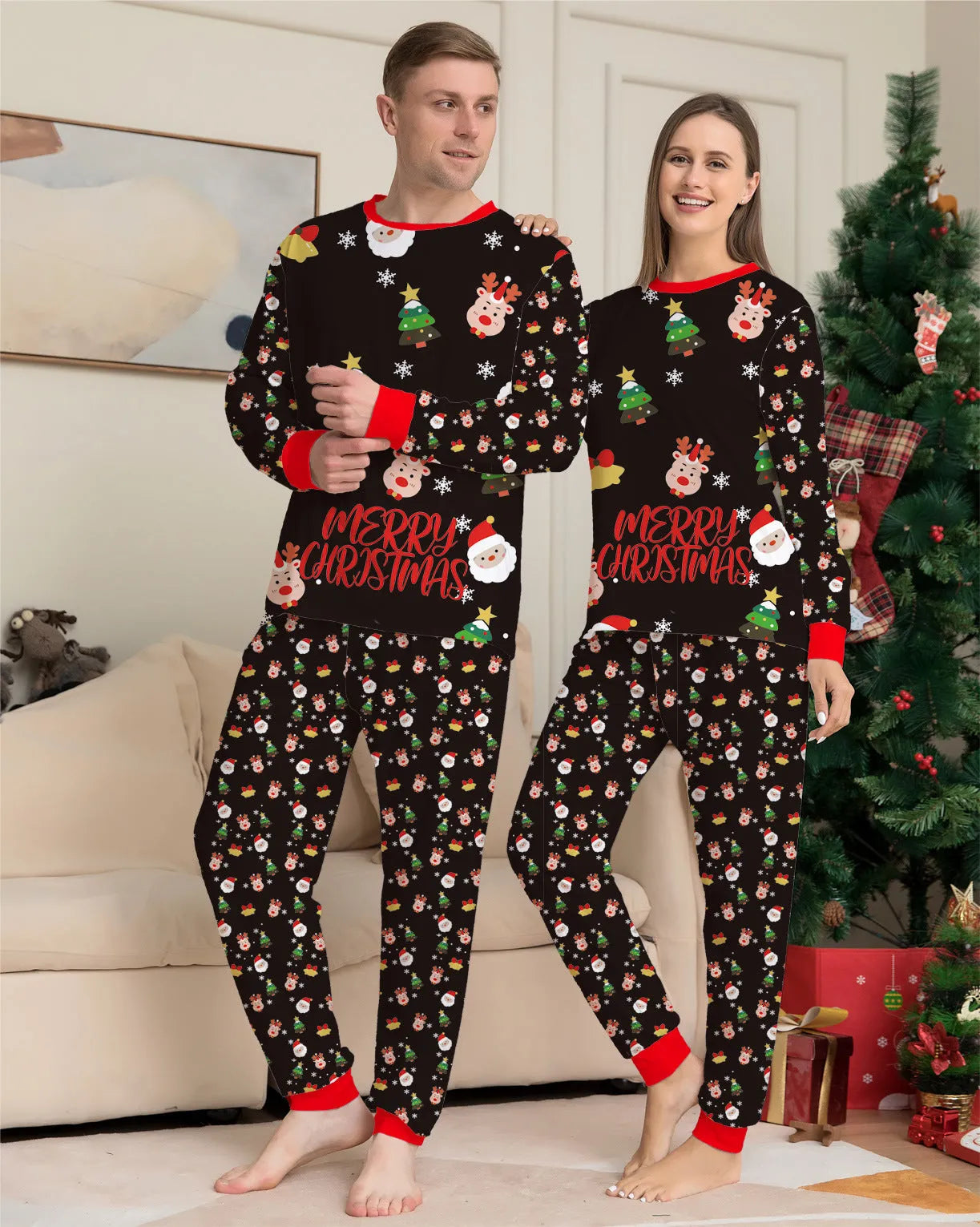 Family wearing matching red plaid Christmas pyjamas set, including adults, children, and a dog.