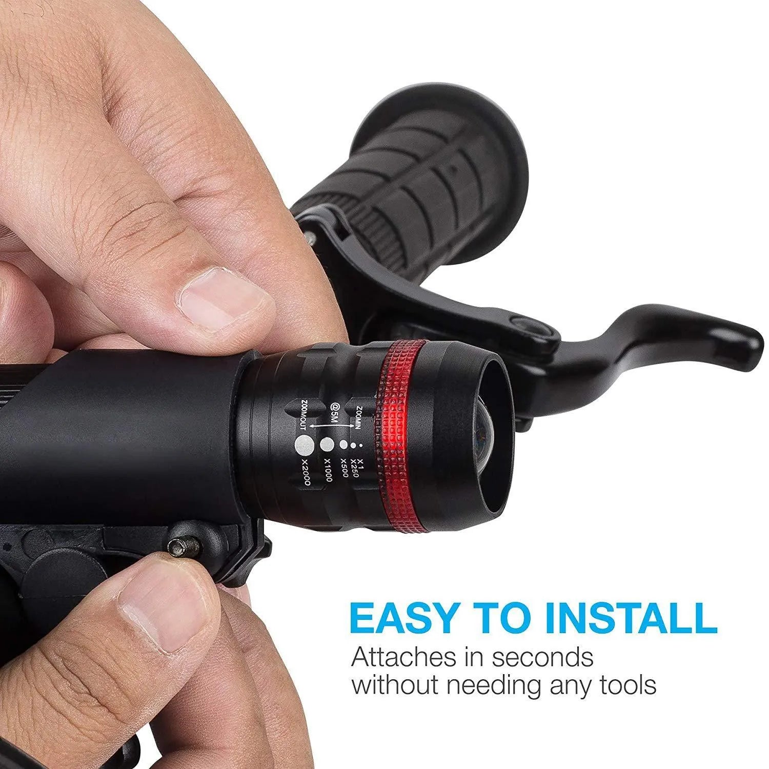 Bicycle headlight and taillight set with quick-release mounting bracket on a bike.