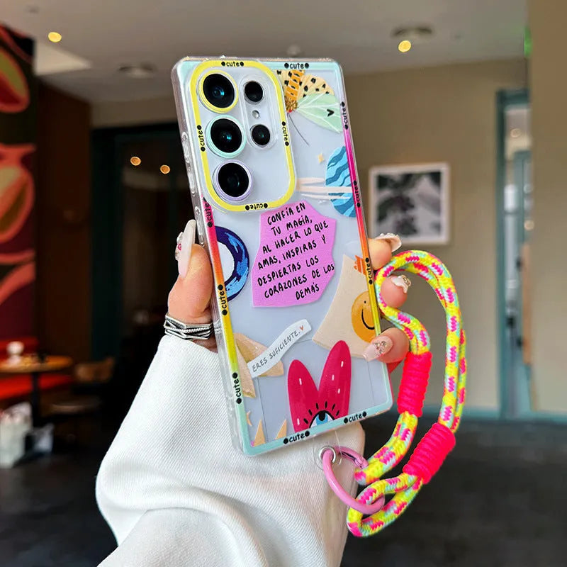 Transparent TPU phone case for Samsung with lanyard and chain