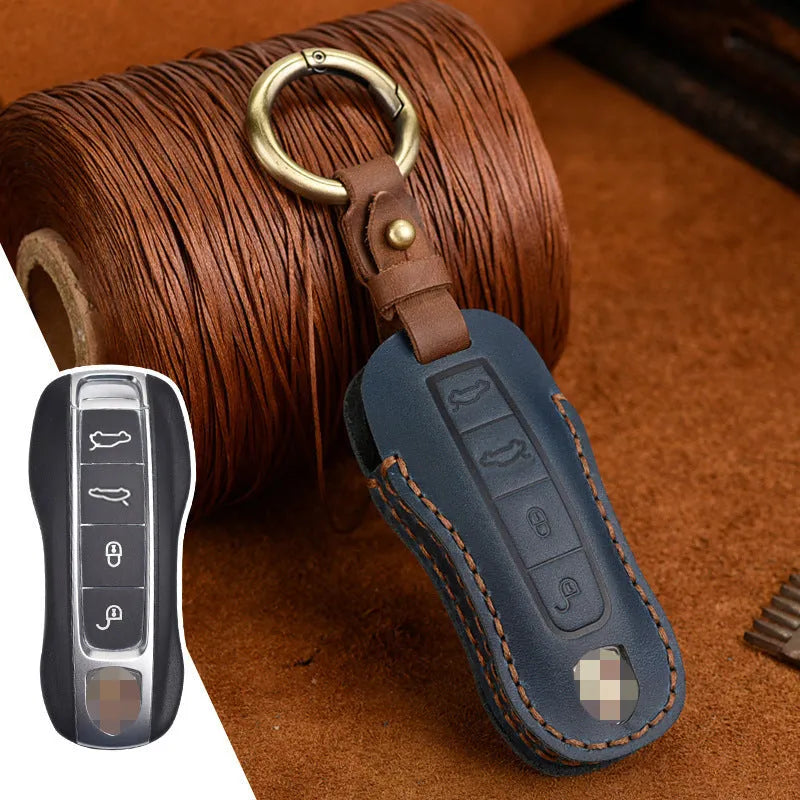Porsche leather key cover with retro buckle in blue and brown cowhide options