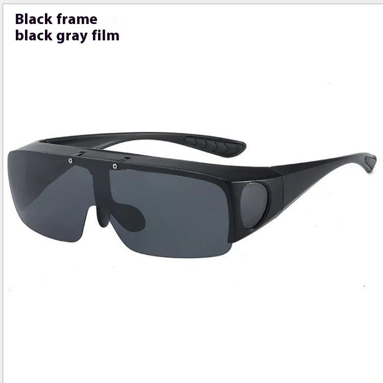 Polarized clip-on sunglasses with a one-piece frame shown in multiple lens colour options including black and grey