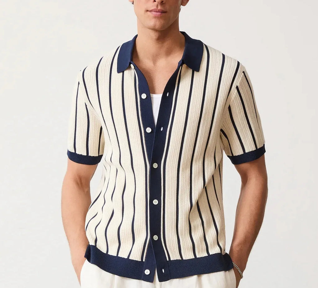 Men's white British style asymmetrical lapel knitted top with short sleeves and stripe pattern
