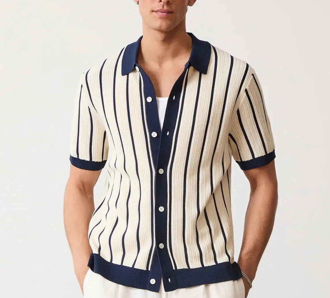 Men's white British style asymmetrical lapel knitted top with short sleeves and stripe pattern