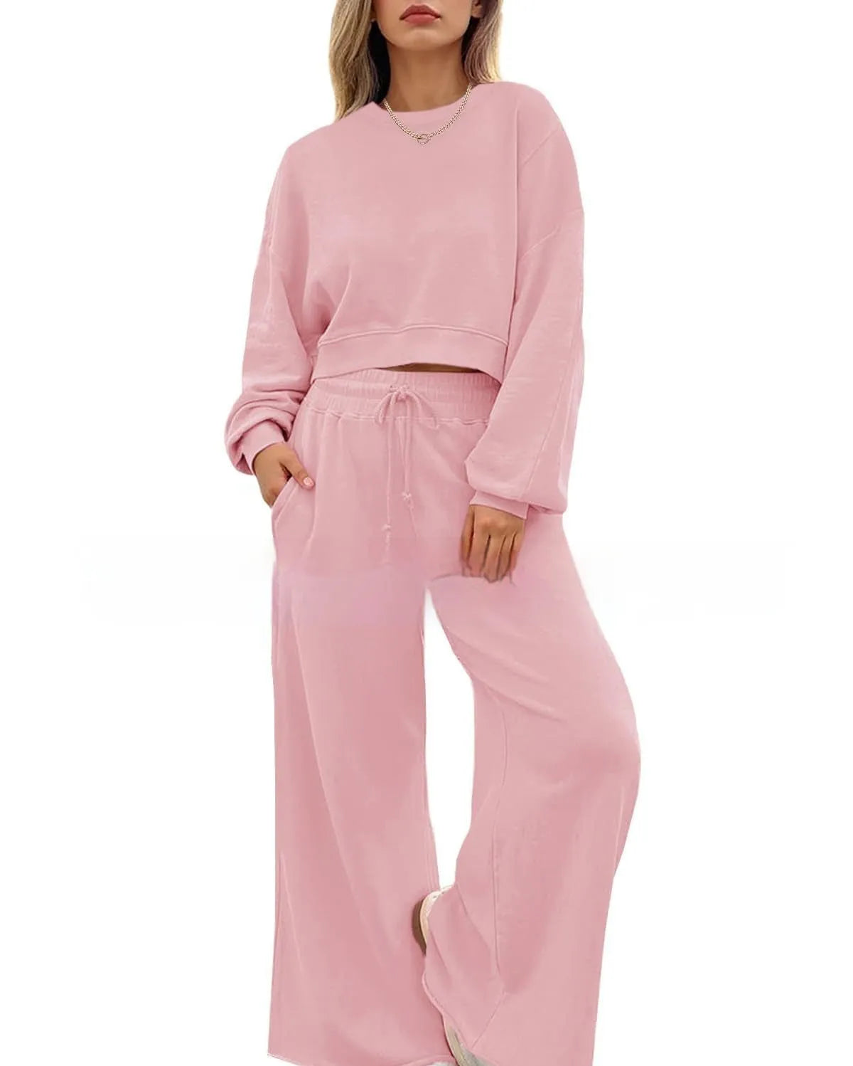Women's solid colour long sleeve top and trousers two-piece casual set