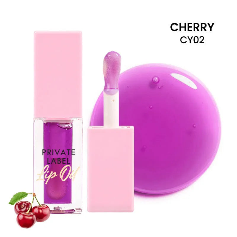 Transparent lip gloss tube showing six fruit shade options including cherry and watermelon