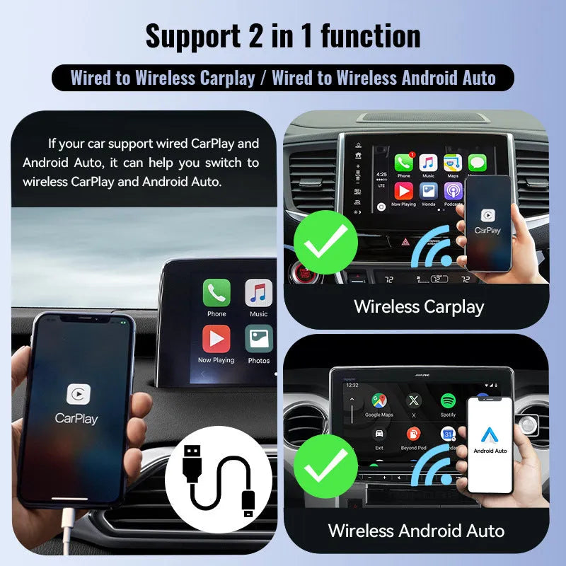 Small black USB CarPlay wireless data adapter measuring 26x55x13mm with single USB interface