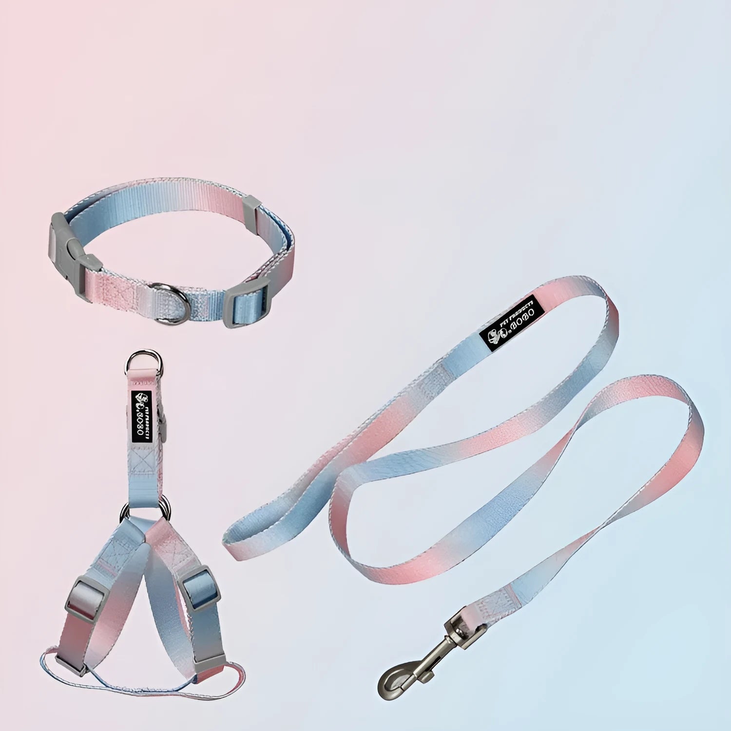 Gradient colour nylon dog leash set showing pink and yellow colour blend on a chest back harness style.