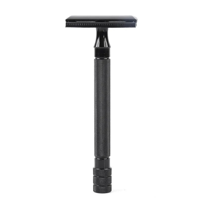 Traditional manual shaving razor with metal scraper and brush in black or silver finish