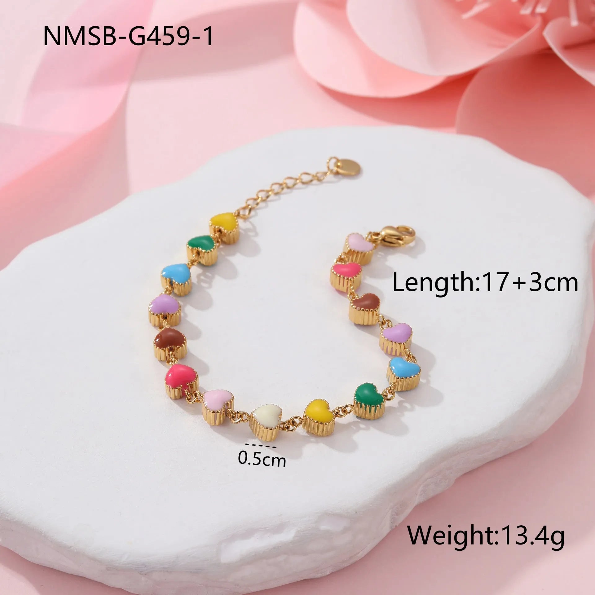 Women's adjustable heart pendant bracelet with colourful oil accents in gold or steel finish