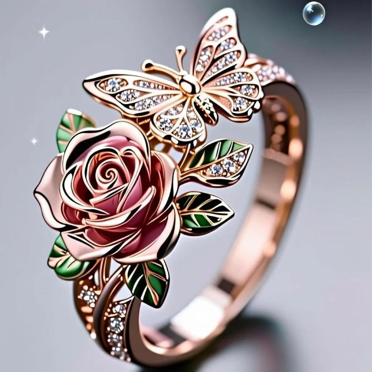 Adjustable butterfly personality ring with colourful oil drip finish showing rose and leaf design elements