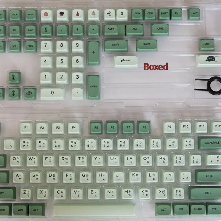 124 Key Matcha green PBT sublimation keycap set for mechanical keyboards laid out flat.