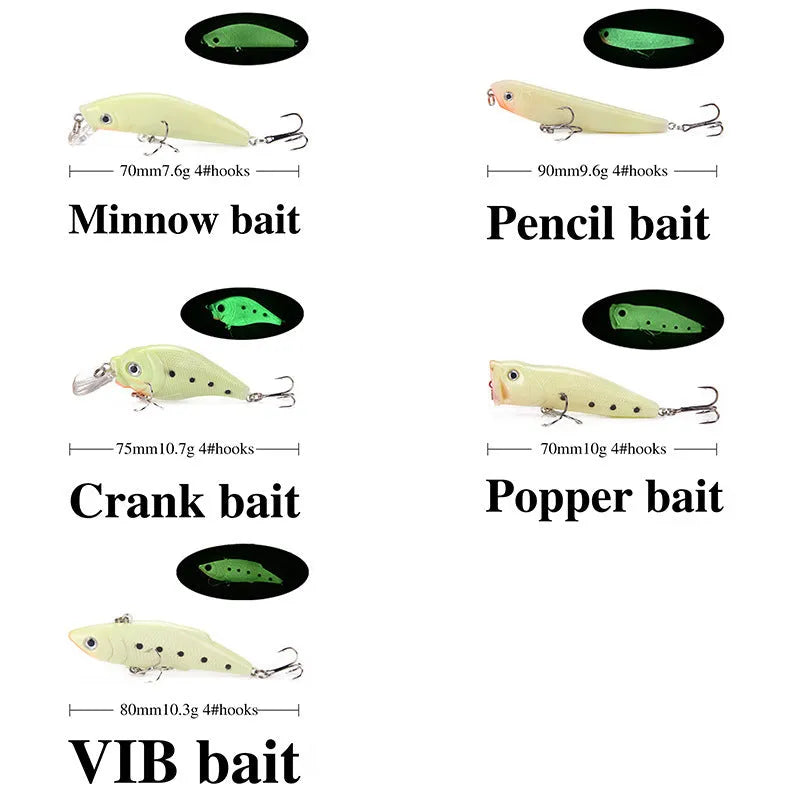 Set of five fluorescent hard plastic fishing lures with 3D simulation design.