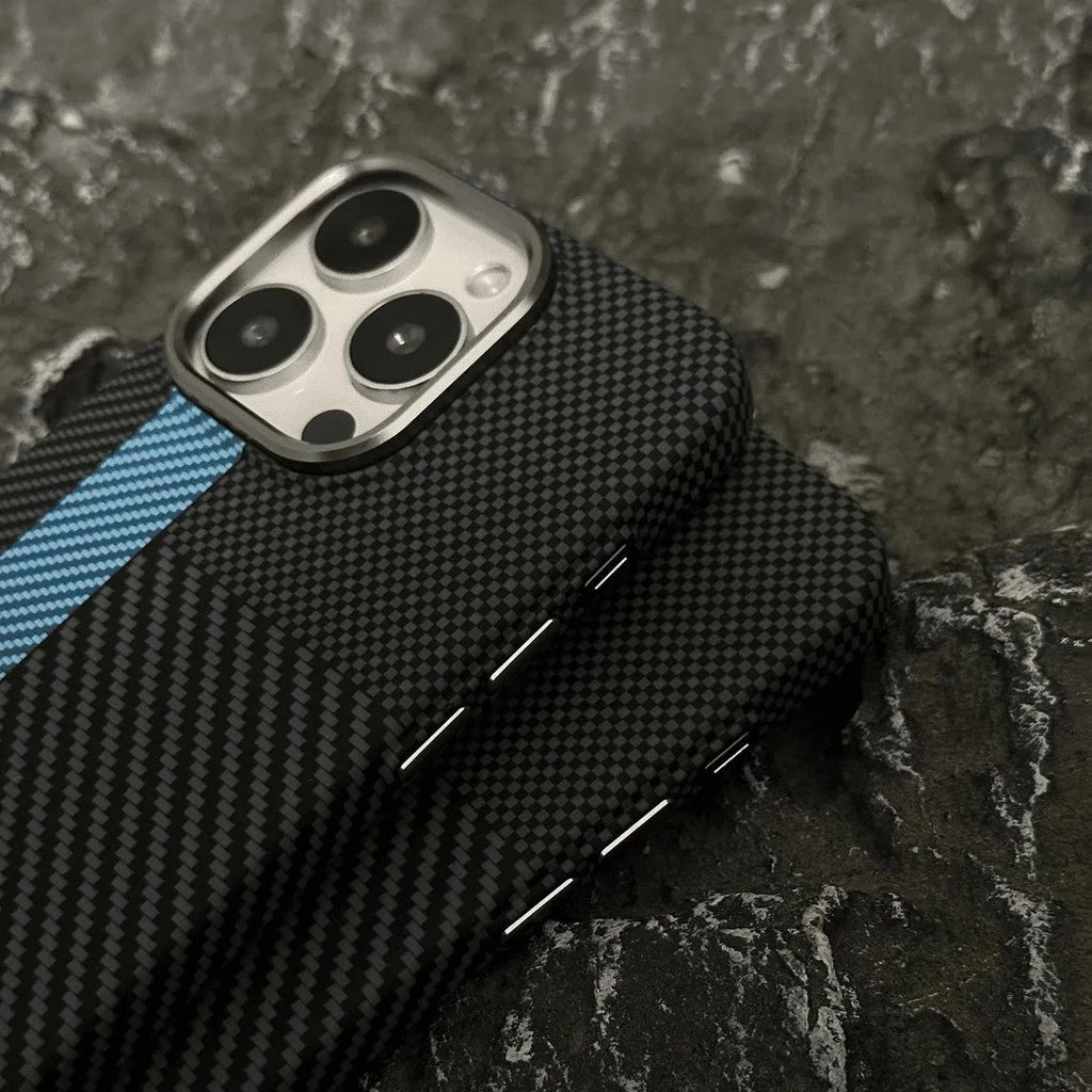 Carbon fiber grain magnetic phone case for iPhone 15 in grey finish with textured surface and camera cutout