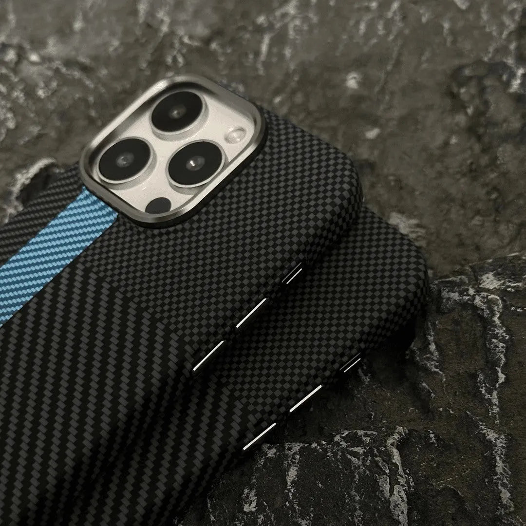 Carbon fiber grain magnetic phone case for iPhone 15 in grey finish with textured surface and camera cutout