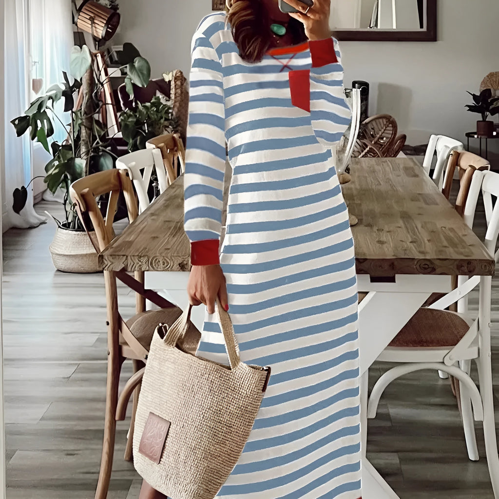 Striped printed long sleeve dress with contrast edge in Rose Stripe colour, viscose blend fabric, sizes S to 2XL